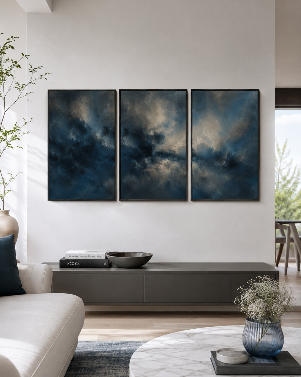 A three-panel framed wall art set depicting a moody blue and gray cloudy sky, displayed in a modern living room setting above a dark gray console table.