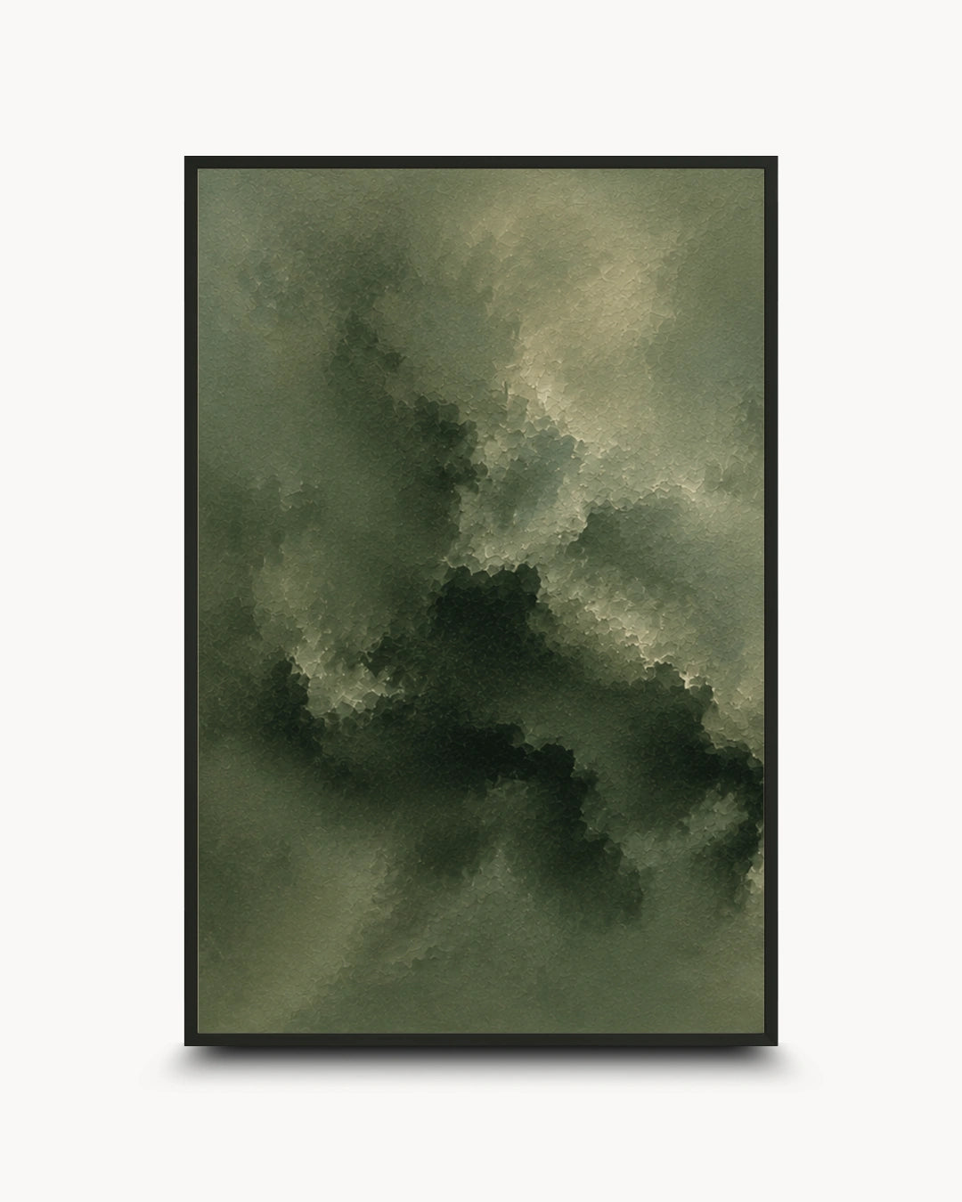 A framed abstract art print featuring a dark, moody cloud-like composition in shades of olive green, charcoal, and gray, presented in a black frame against a light gray background.