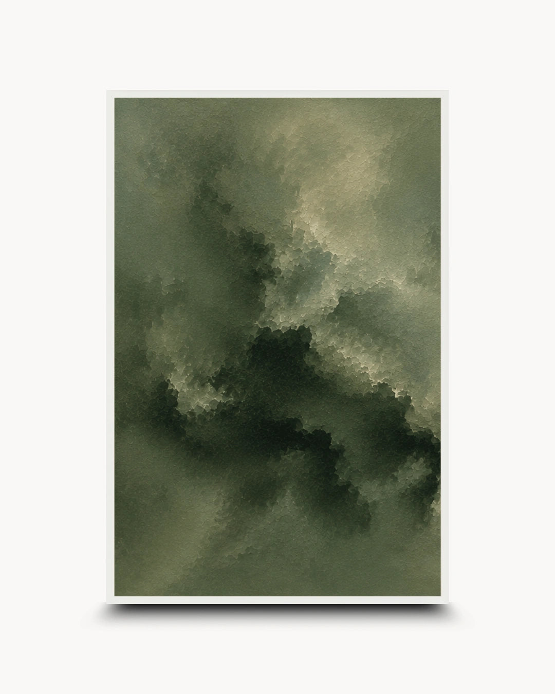 A vertical framed art print featuring an abstract, painterly scene of dark olive green and gray storm clouds, displayed against a clean white background with a subtle drop shadow.