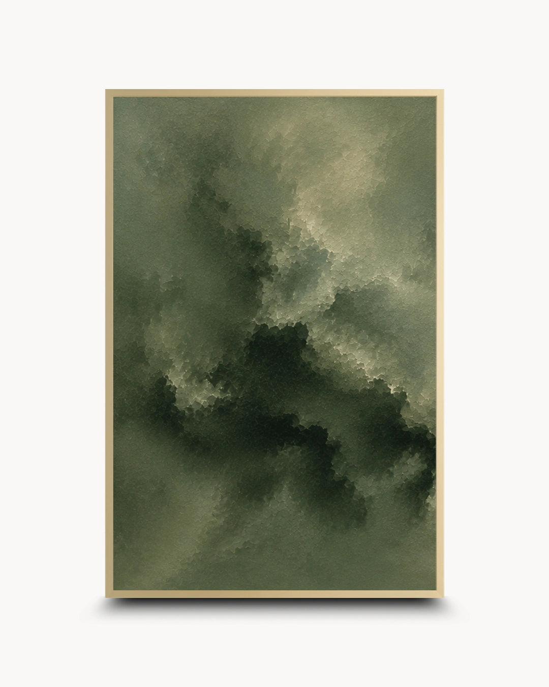 A framed abstract art print featuring a dark, moody cloud-like composition in shades of olive green, charcoal, and gray, presented in a black frame against a light gray background.