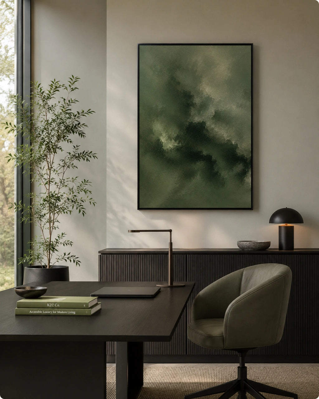 A framed abstract art print featuring textured shades of olive green and dark forest green hangs on a beige wall in a modern, minimalist home office setting with a desk, chair, and plant.