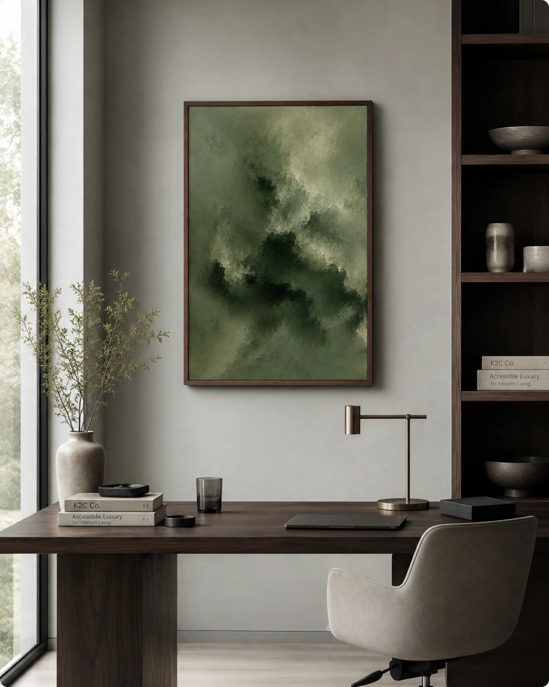 A framed abstract art print featuring shades of olive green and dark forest green hangs on a light gray wall above a modern wooden desk with a gray office chair, brass desk lamp, and a vase with dried branches.