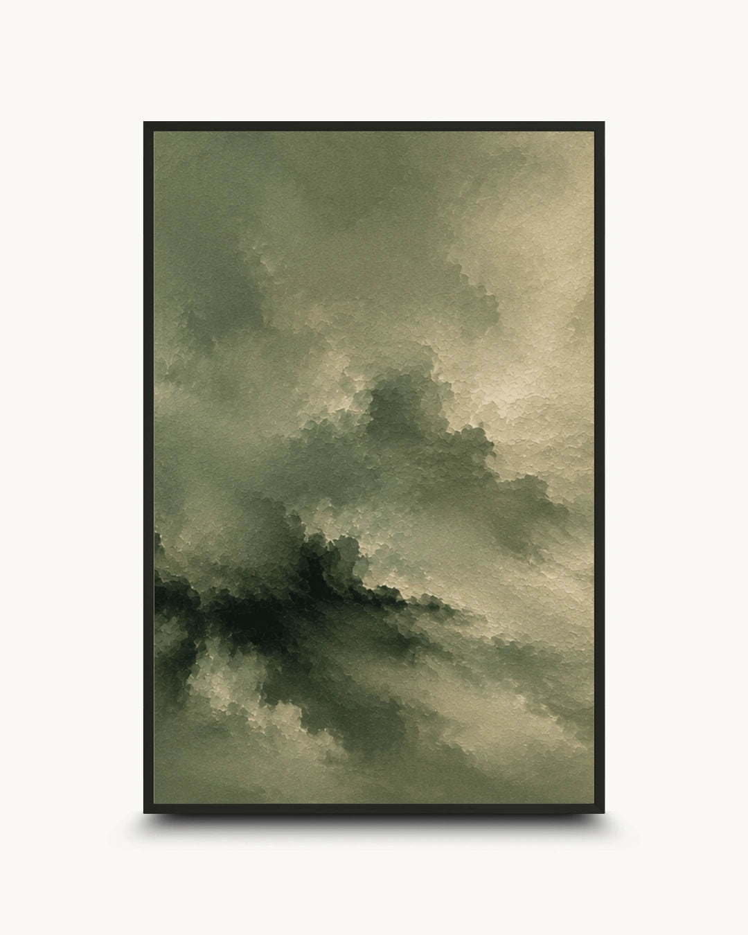 A framed abstract art print featuring a textured, painterly scene of stormy clouds in muted olive green, beige, and dark charcoal tones, set against a clean white background.