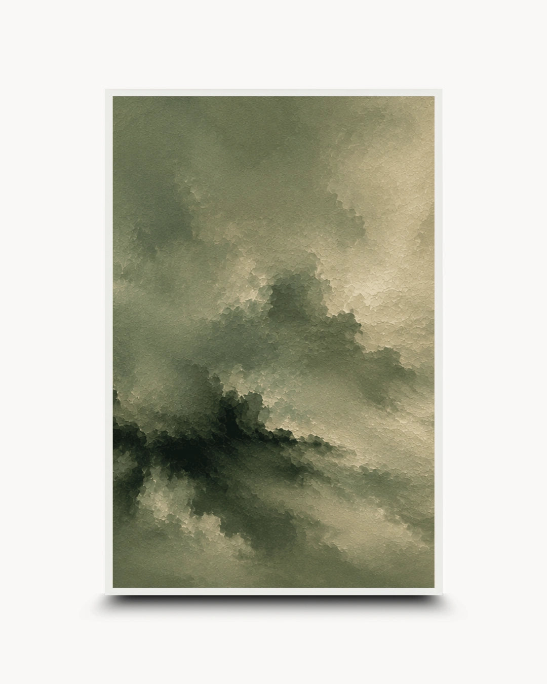A vertical framed art print featuring an abstract, painterly sky scene in muted olive green, beige, and gray tones, shown against a light gray background with a soft drop shadow.