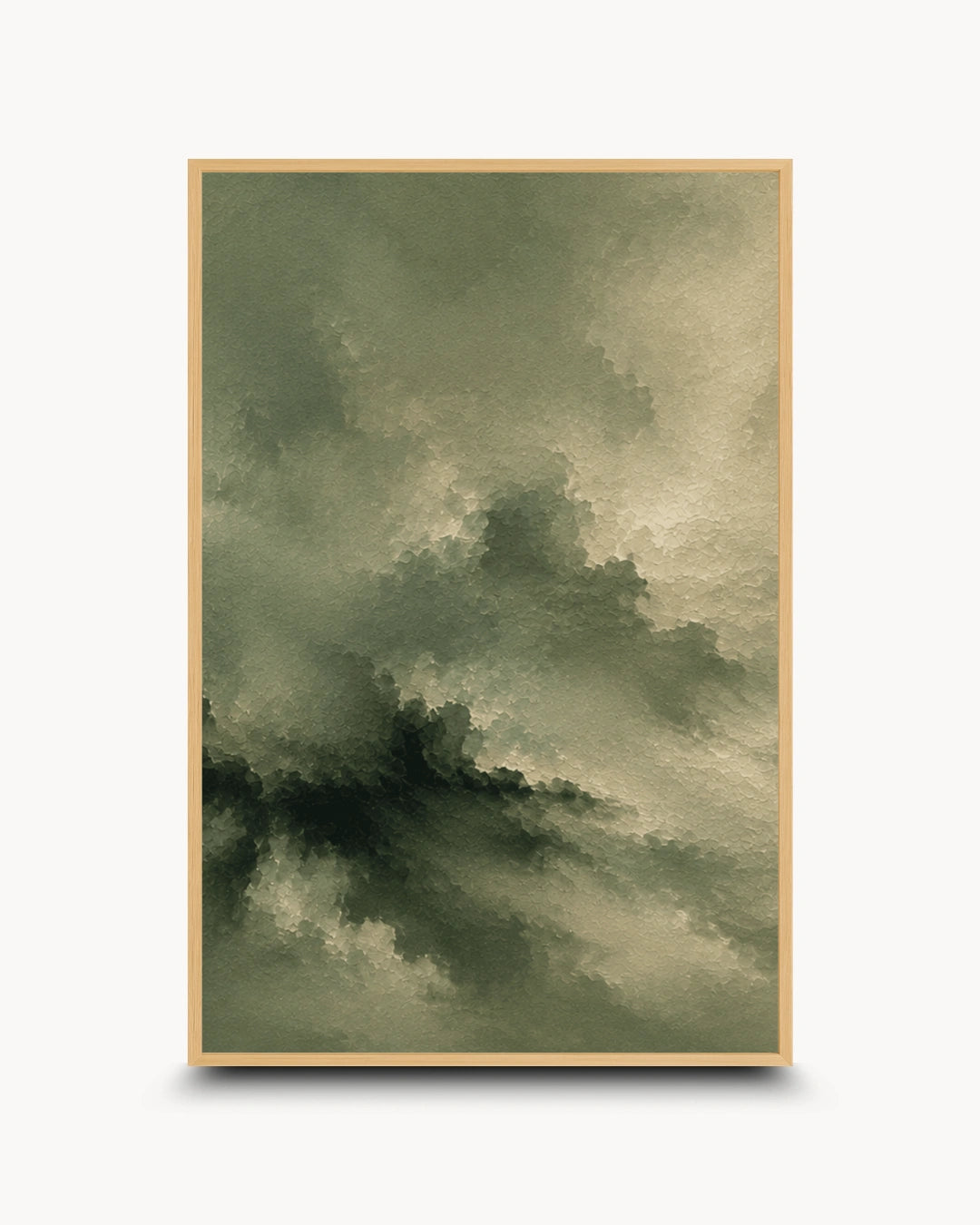 A vertical framed art print featuring an abstract, painterly sky scene in muted olive green, beige, and gray tones, shown against a light gray background with a soft drop shadow.
