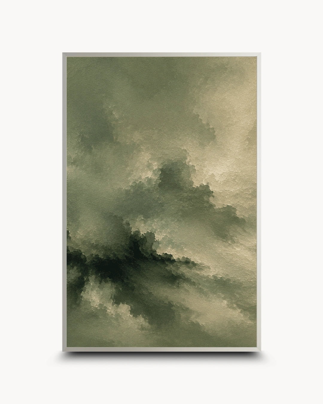 A framed vertical art print featuring an abstract, painterly sky design in muted olive green, beige, and dark charcoal tones, displayed against a clean white background with a soft drop shadow.