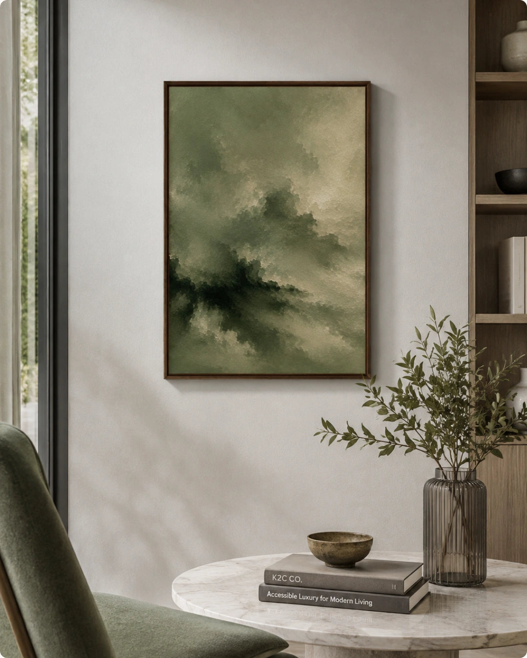 A framed abstract landscape painting featuring shades of olive green and dark forest green, styled in a modern living room setting on a light gray wall above a marble side table with books and a vase.