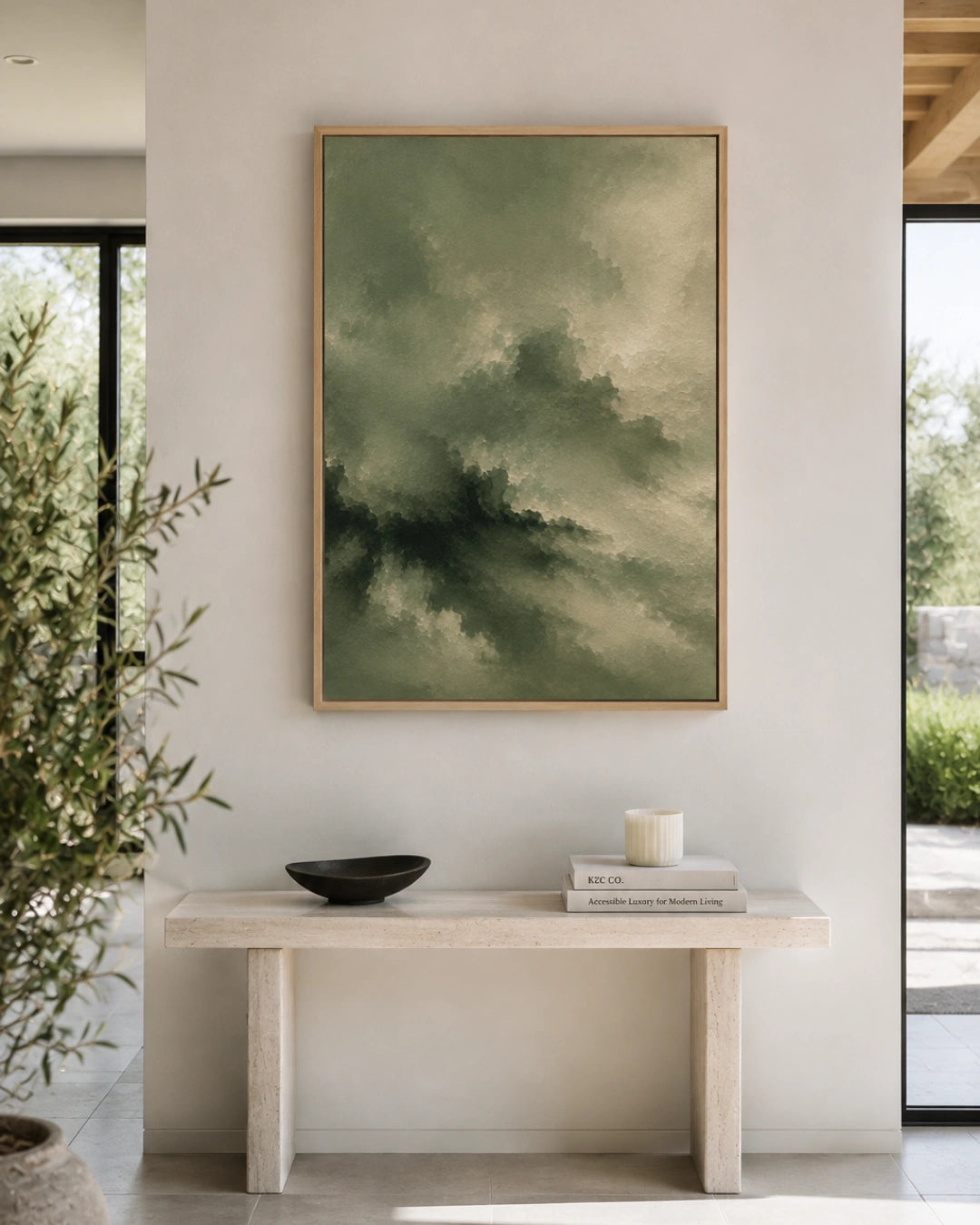 A framed abstract landscape painting in muted green and gray tones hangs on a light beige wall above a minimalist stone console table with a black bowl and books in a modern interior setting.