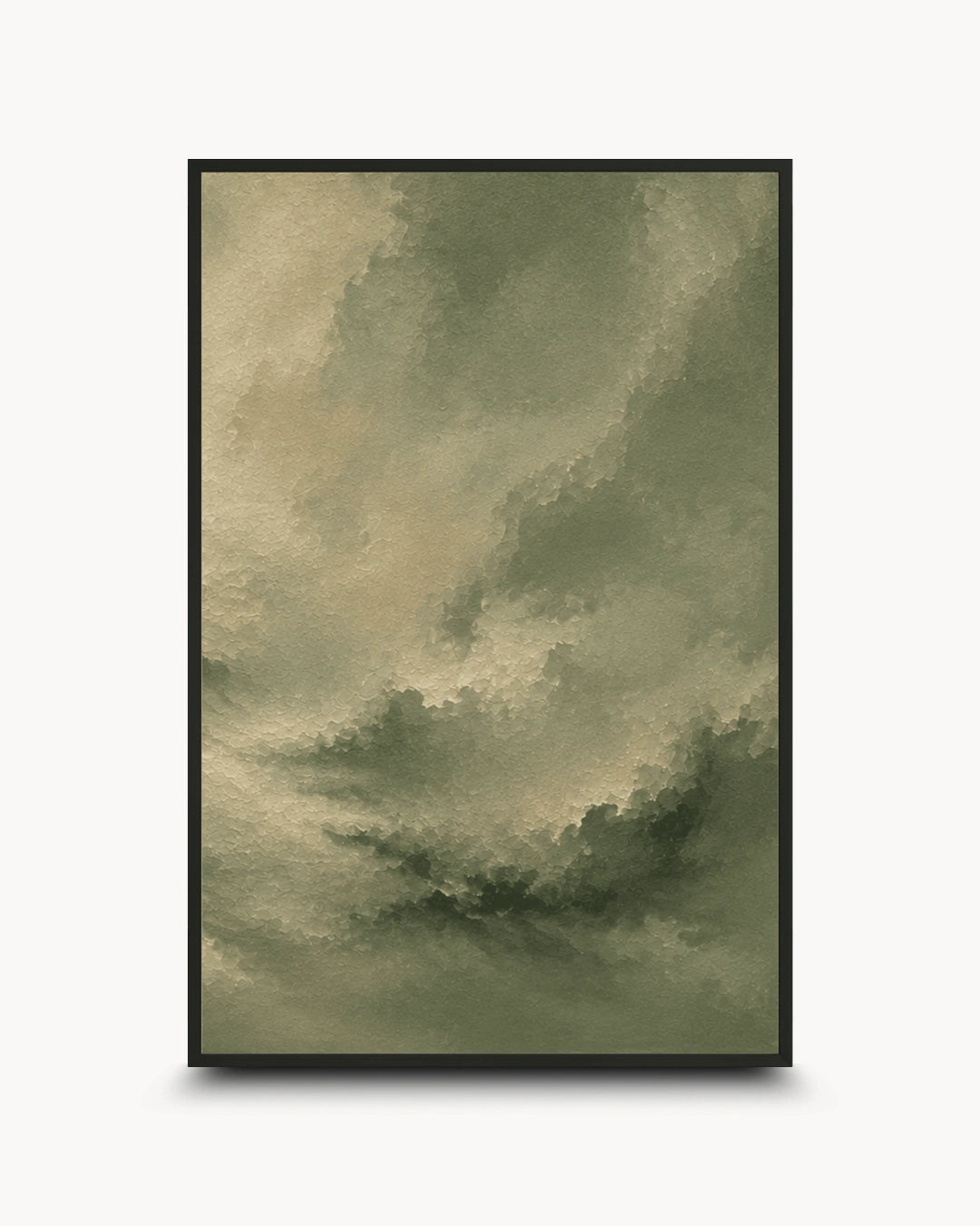 A framed vertical art print featuring an abstract, painterly sky scene in muted olive green, beige, and gray tones, displayed against a clean white background.