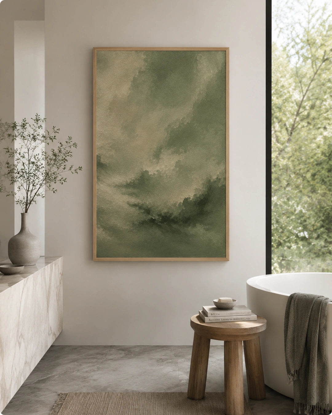 A framed abstract landscape painting in muted green and beige tones hangs on a light gray wall in a modern bathroom setting, with a bathtub, small wooden stool, and window visible.