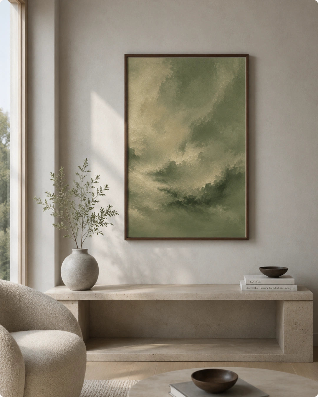A framed vertical art print featuring a textured, painterly green and beige sky scene, styled on a neutral beige wall above a stone console table in a modern living room setting.