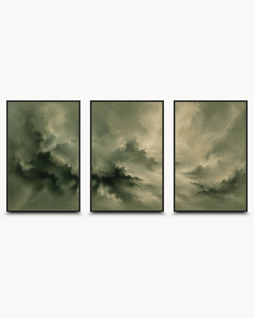 A three-panel framed wall art set featuring abstract cloudy scenes in muted olive green, gray, and beige tones, displayed against a light gray background.