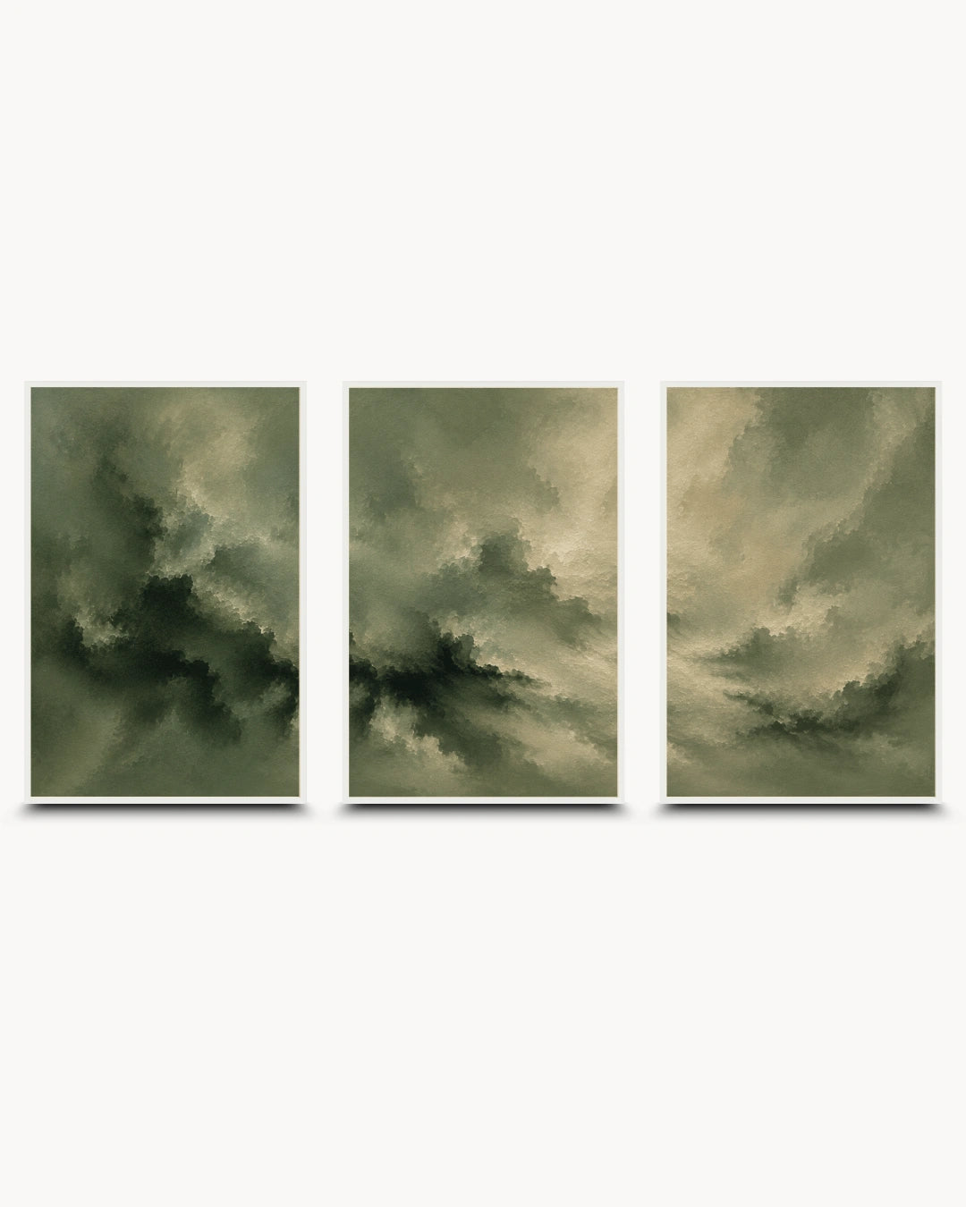 A three-panel wall art set featuring abstract cloudy scenes in muted olive green, gray, and beige tones, displayed against a light gray background.