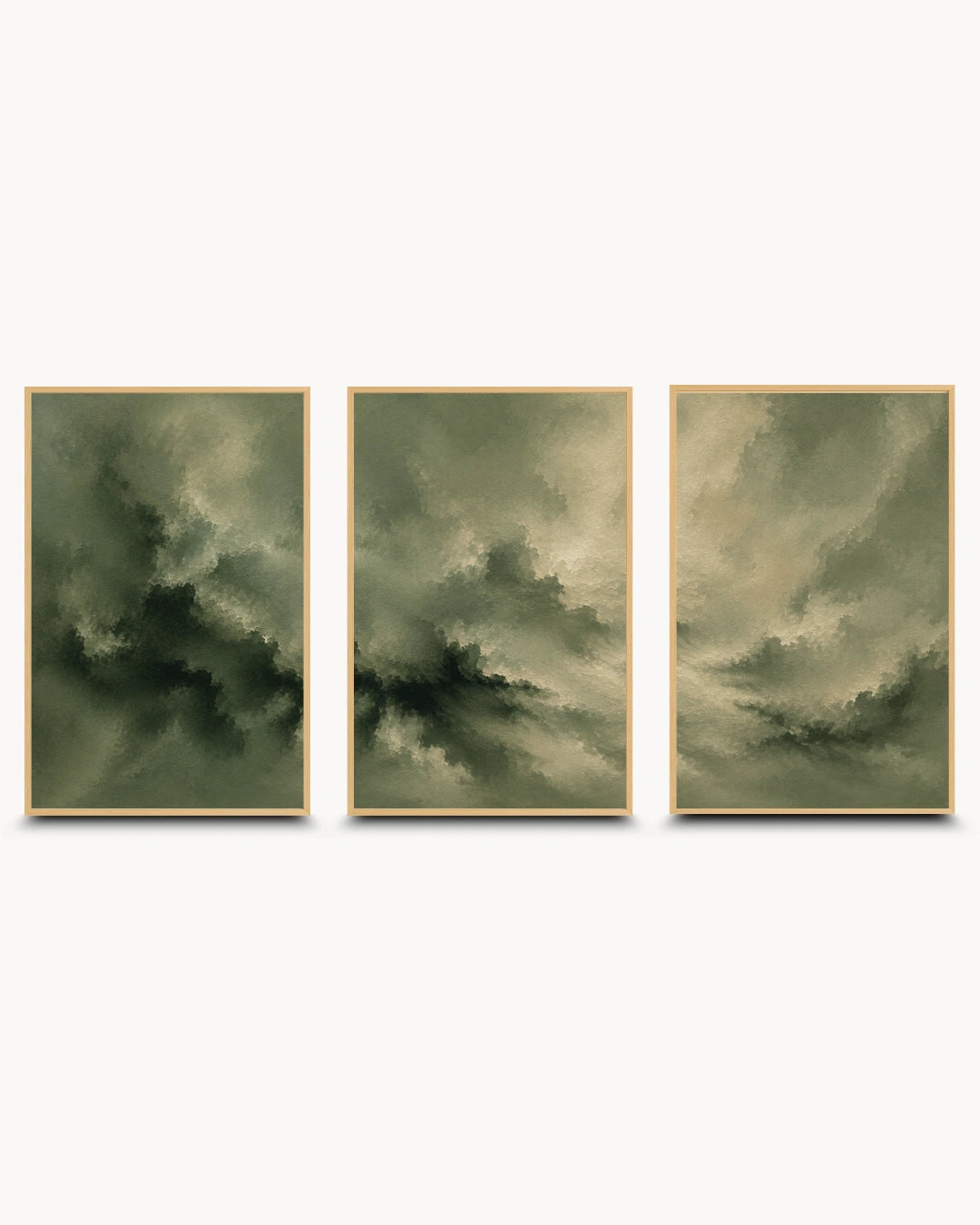 A three-panel framed wall art set featuring abstract cloudy scenes in muted olive green, gray, and beige tones, each enclosed in a thin light wood frame against a plain light background.