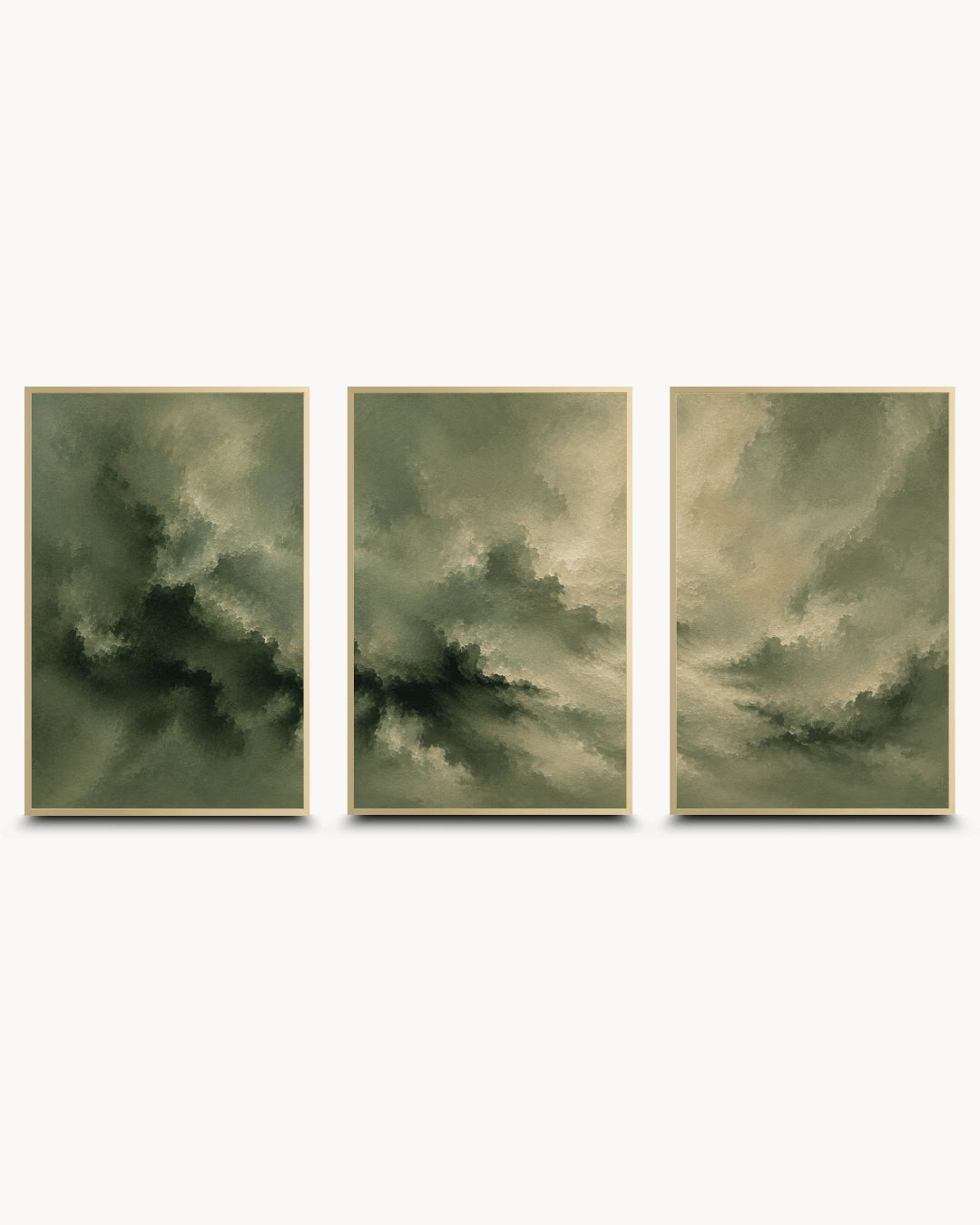 A three-panel framed wall art set featuring abstract stormy clouds in muted olive green, gray, and beige tones, displayed against a clean white background.