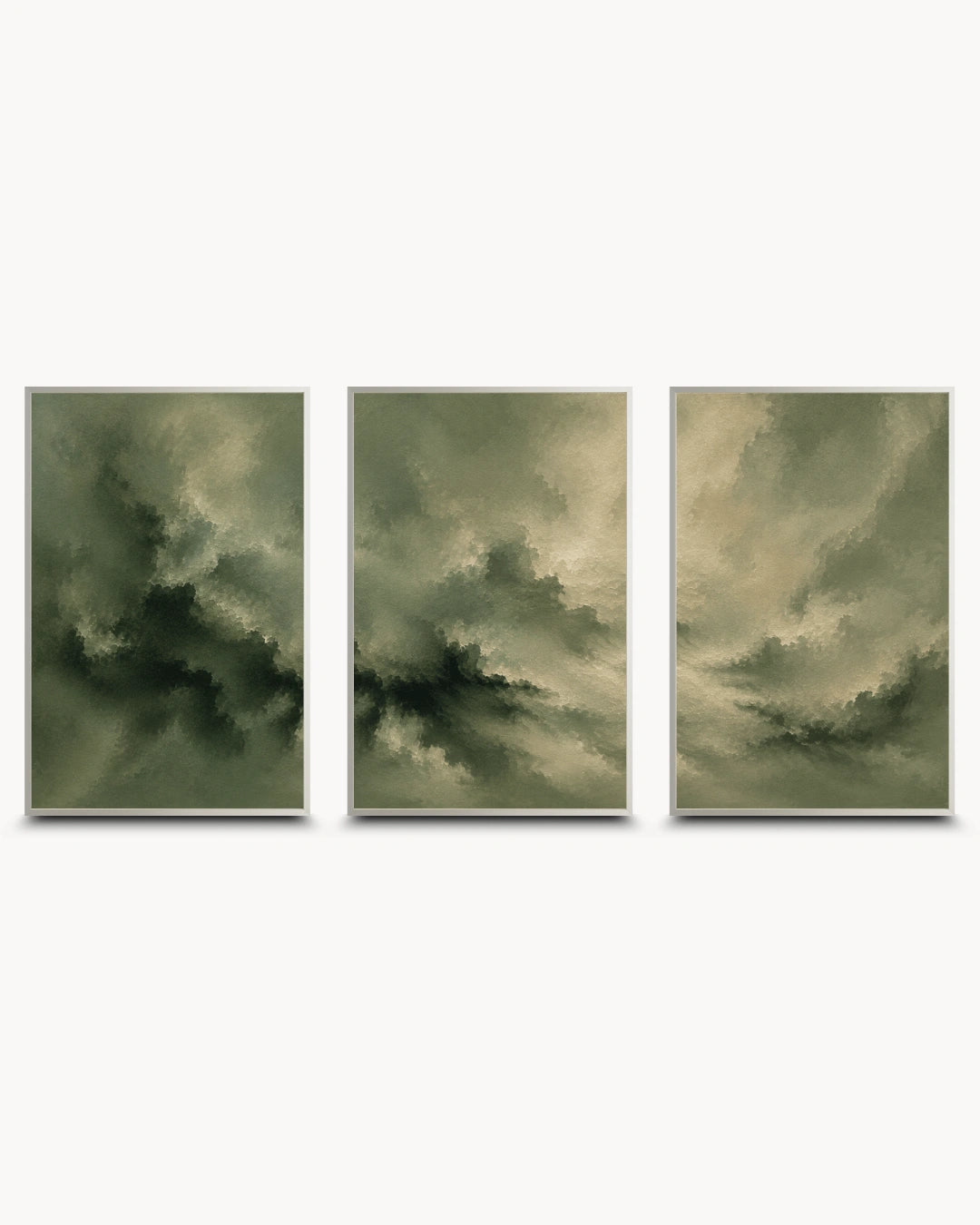 A three-panel framed wall art set featuring abstract cloudy scenes in muted olive green, gray, and beige tones, displayed against a light gray background.