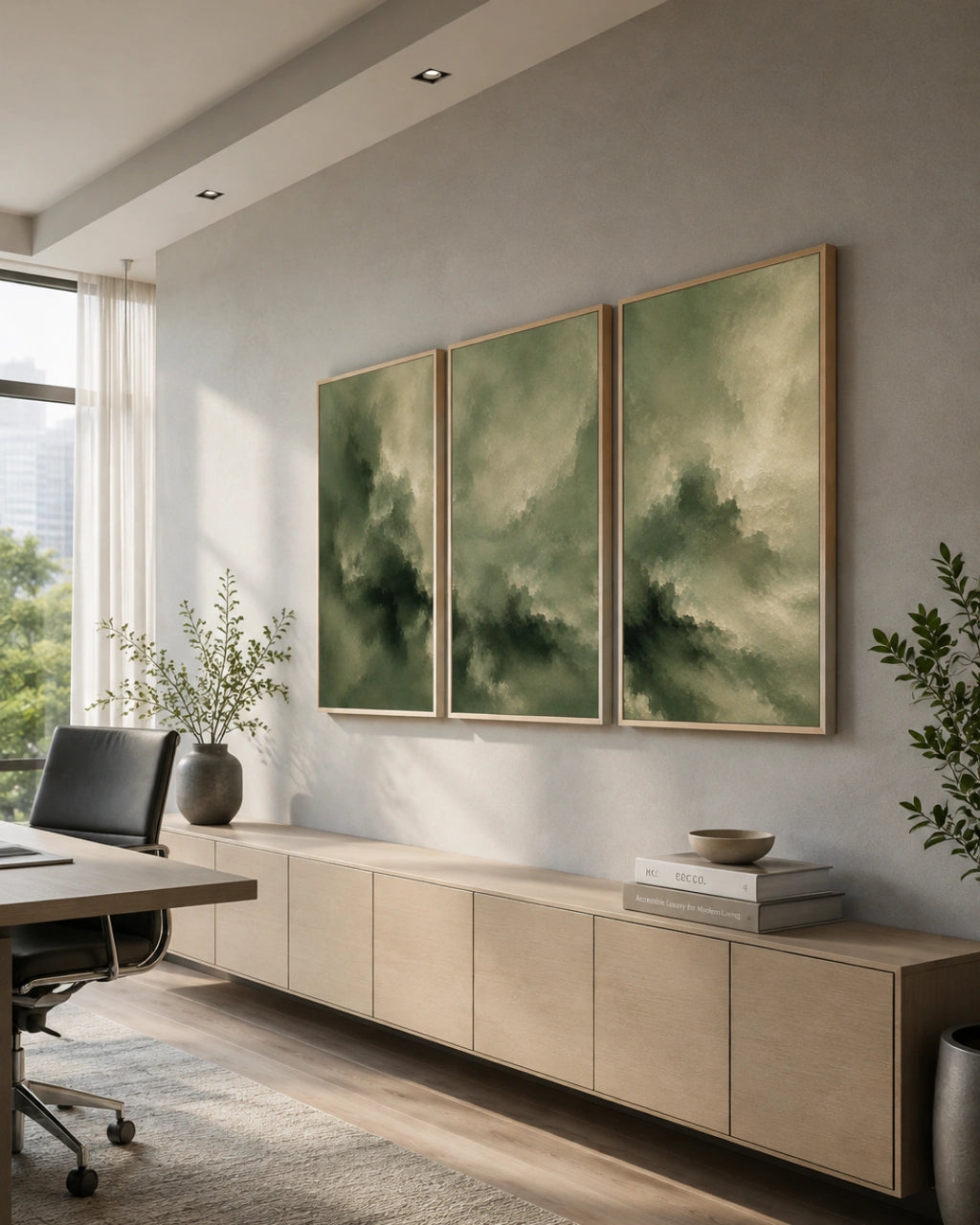 A three-panel framed wall art set with abstract green and olive brushstrokes hangs on a light gray wall in a modern office or living space with a long light wood console, desk, chair, and plants.