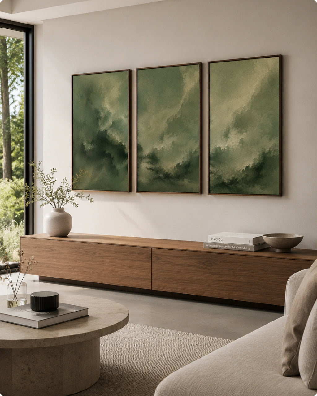 Three framed abstract green paintings hang above a wooden console in a modern living room with a sofa, round table, and large window.