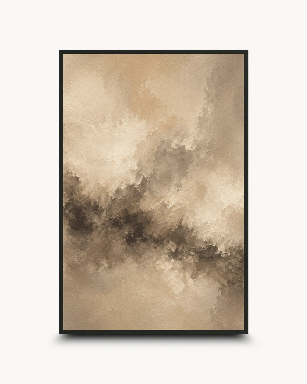 A framed abstract art print featuring a textured, watercolor-like composition in warm beige, brown, and cream tones, set against a clean white background.
