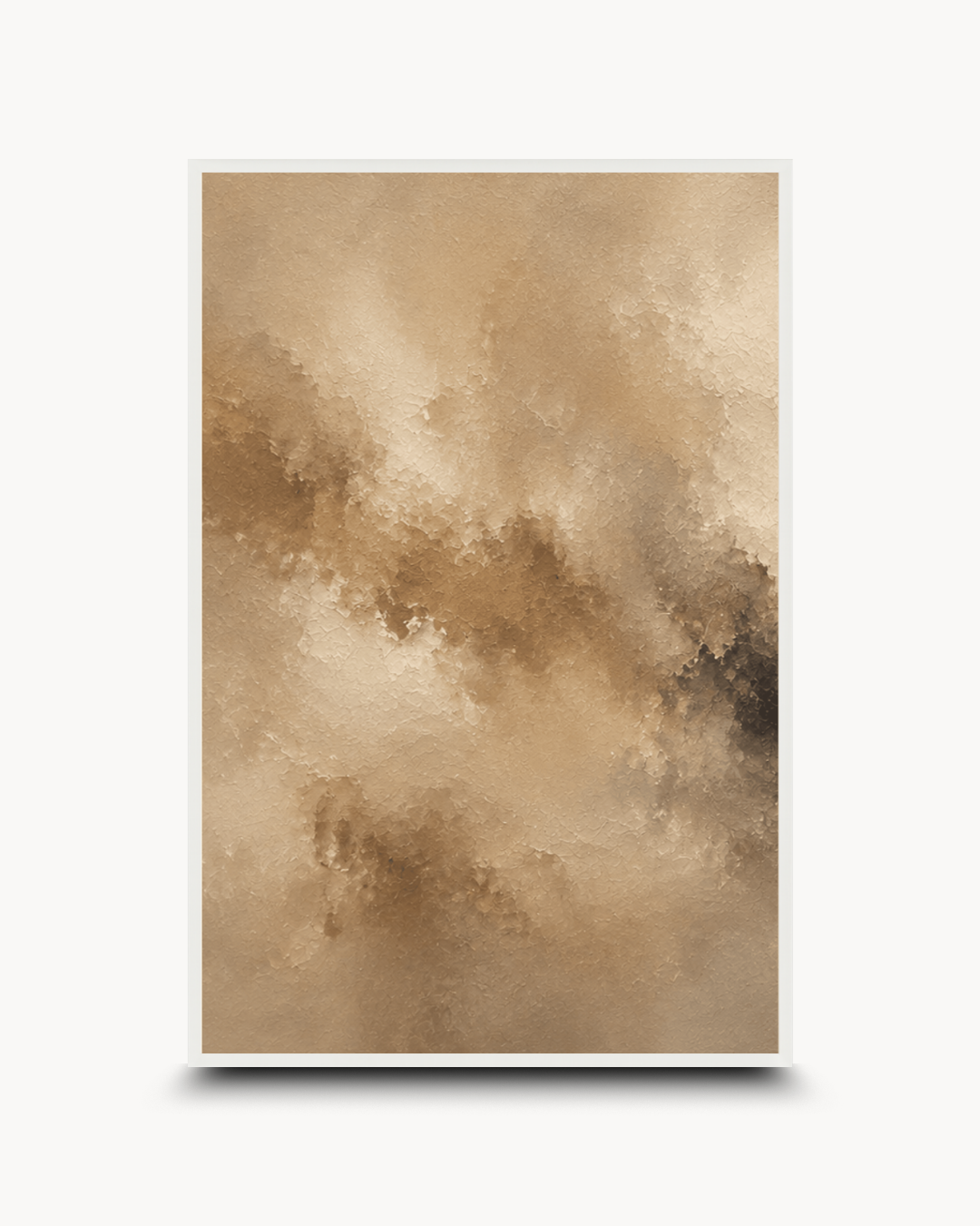 An abstract art print featuring a textured, painterly design in warm beige, brown, and cream tones, displayed with a white border and a subtle drop shadow on a light gray background.
