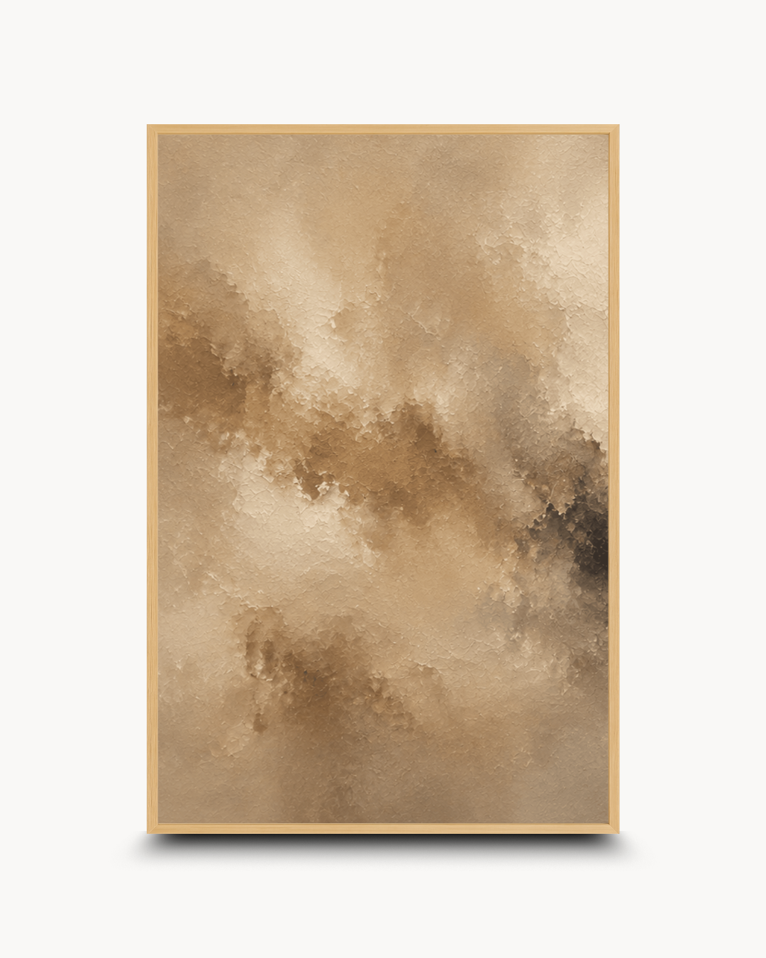 A vertical framed abstract art print featuring a textured, painterly design in warm beige, brown, and cream tones, set against a clean white background with a subtle drop shadow.