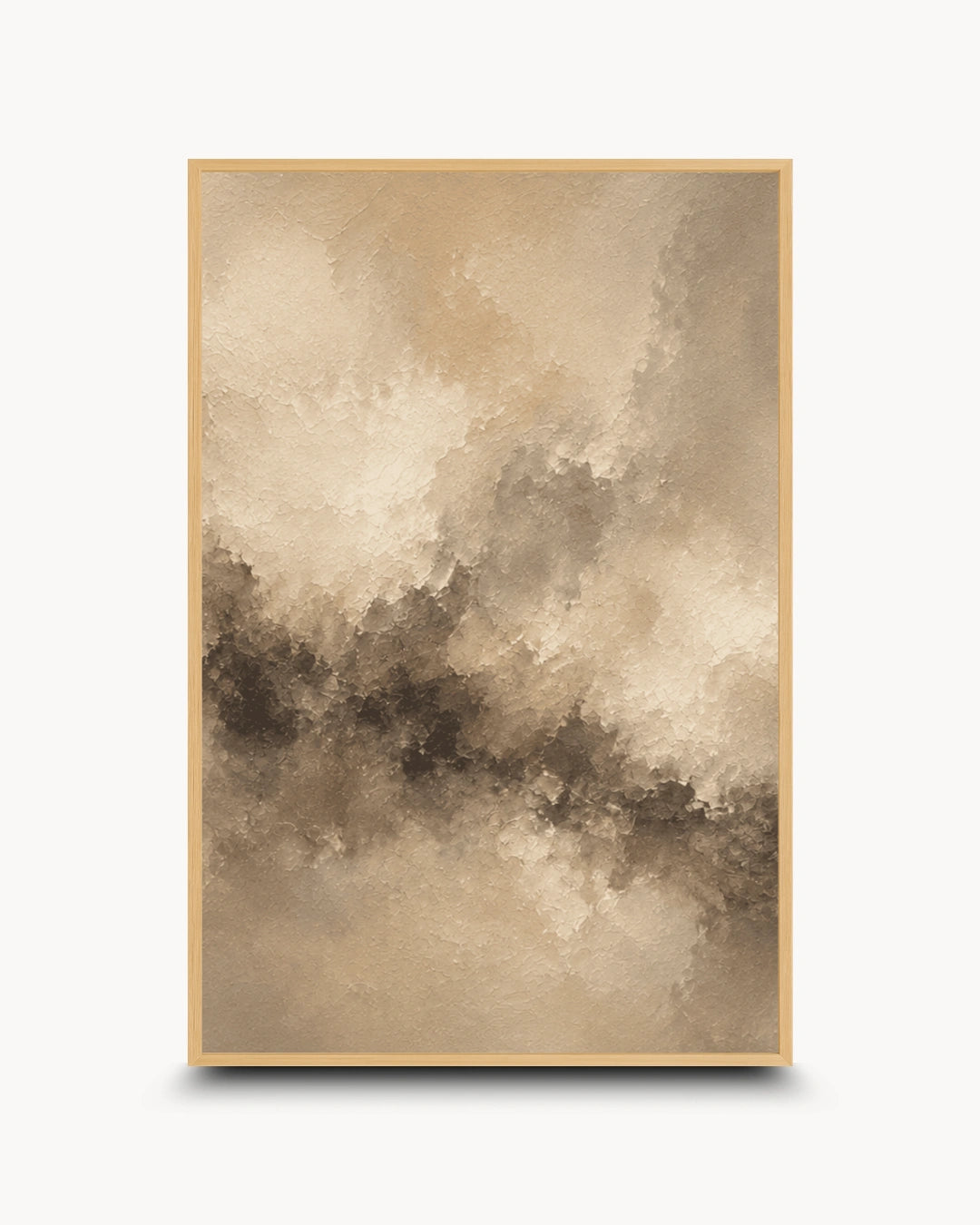A vertical framed abstract art print featuring a textured, painterly design in warm beige, brown, and cream tones, set against a clean white background.