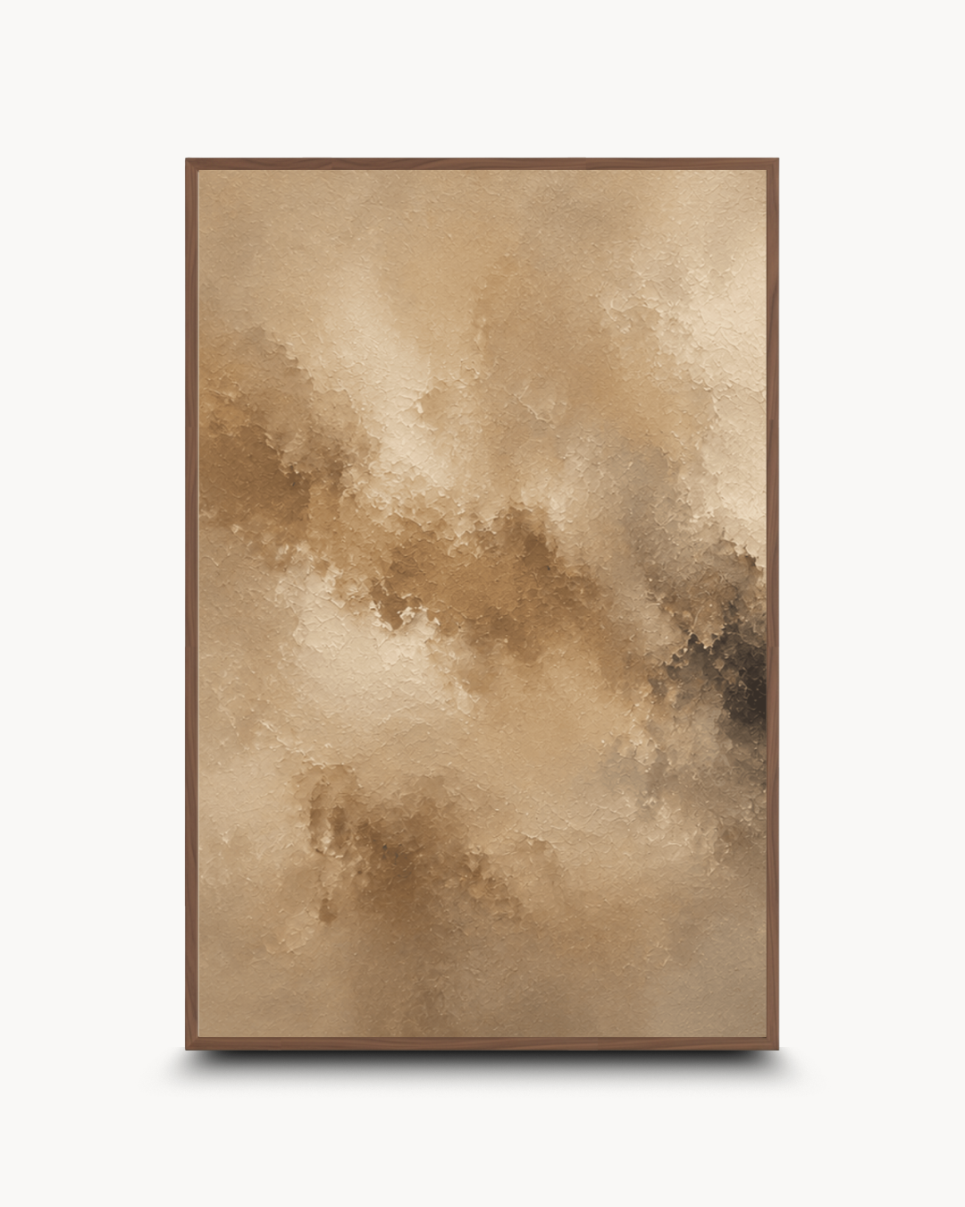 A framed abstract art print featuring a textured, watercolor-like composition in warm beige, brown, and tan tones, displayed against a clean white background.