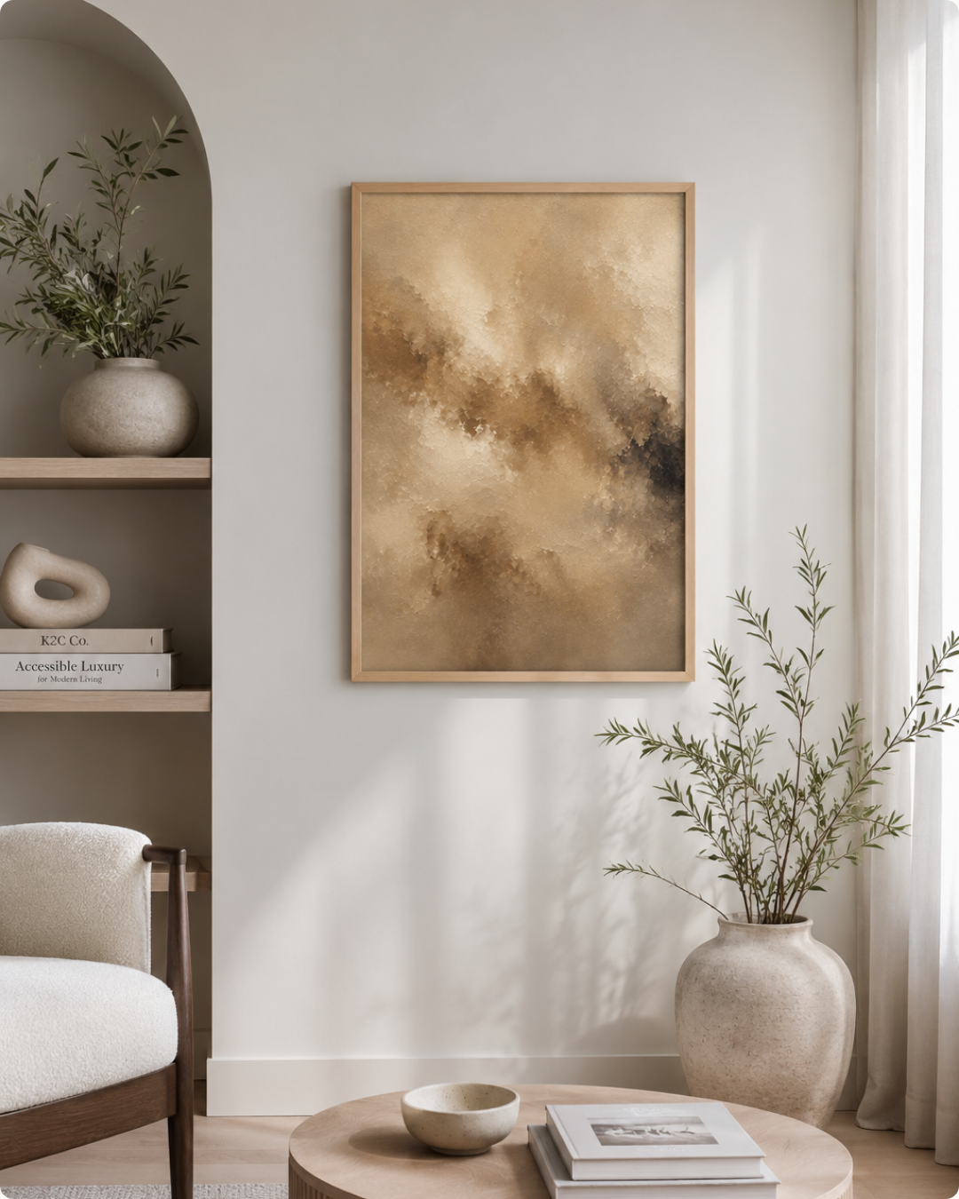 A framed abstract art print with warm beige, brown, and gold tones hanging on a light gray wall in a styled living room setting.