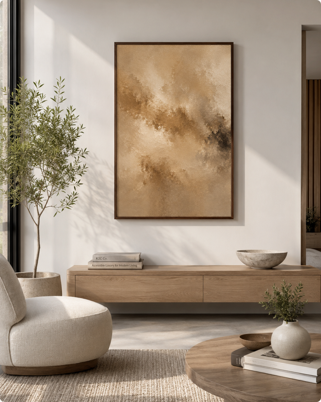 A framed abstract canvas print with warm beige, brown, and tan tones hangs on a light wall above a wooden console in a modern, sunlit living room with a chair, plant, and coffee table.