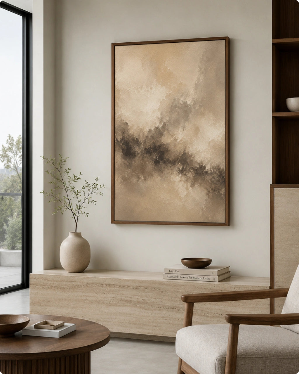A framed abstract canvas print with soft beige, tan, and charcoal gray brushstrokes, hanging on a light beige wall in a modern, minimalist living room setting.