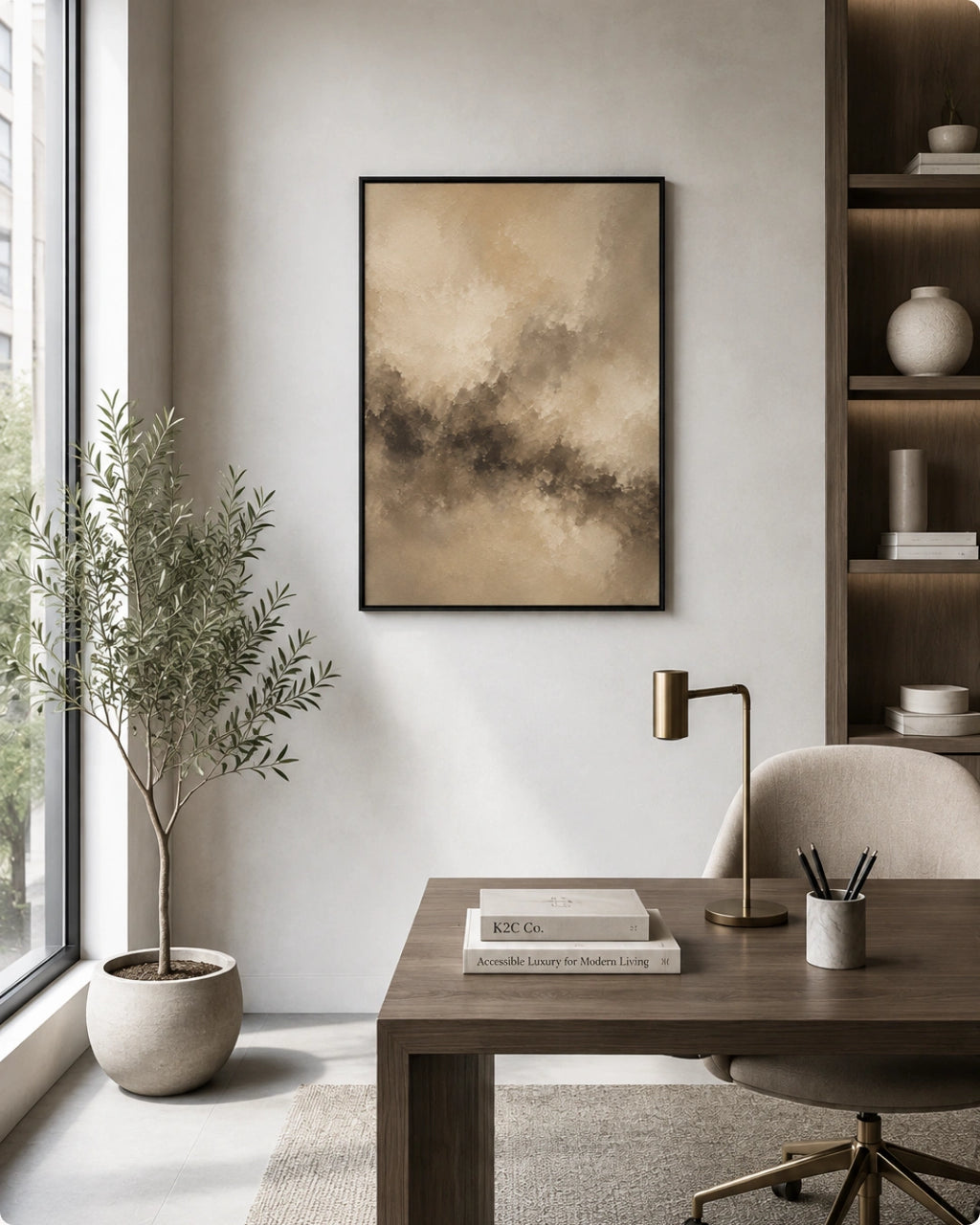 A framed abstract art print with beige and brown tones hangs on a light gray wall in a modern, sunlit home office setting with a desk, chair, and potted plant.