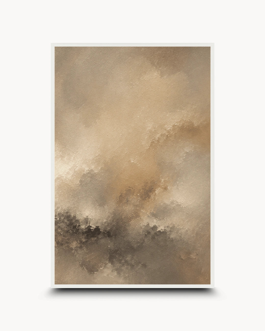 A vertical framed art print featuring an abstract watercolor design in warm beige, brown, and taupe tones, displayed against a clean white background with a subtle drop shadow.