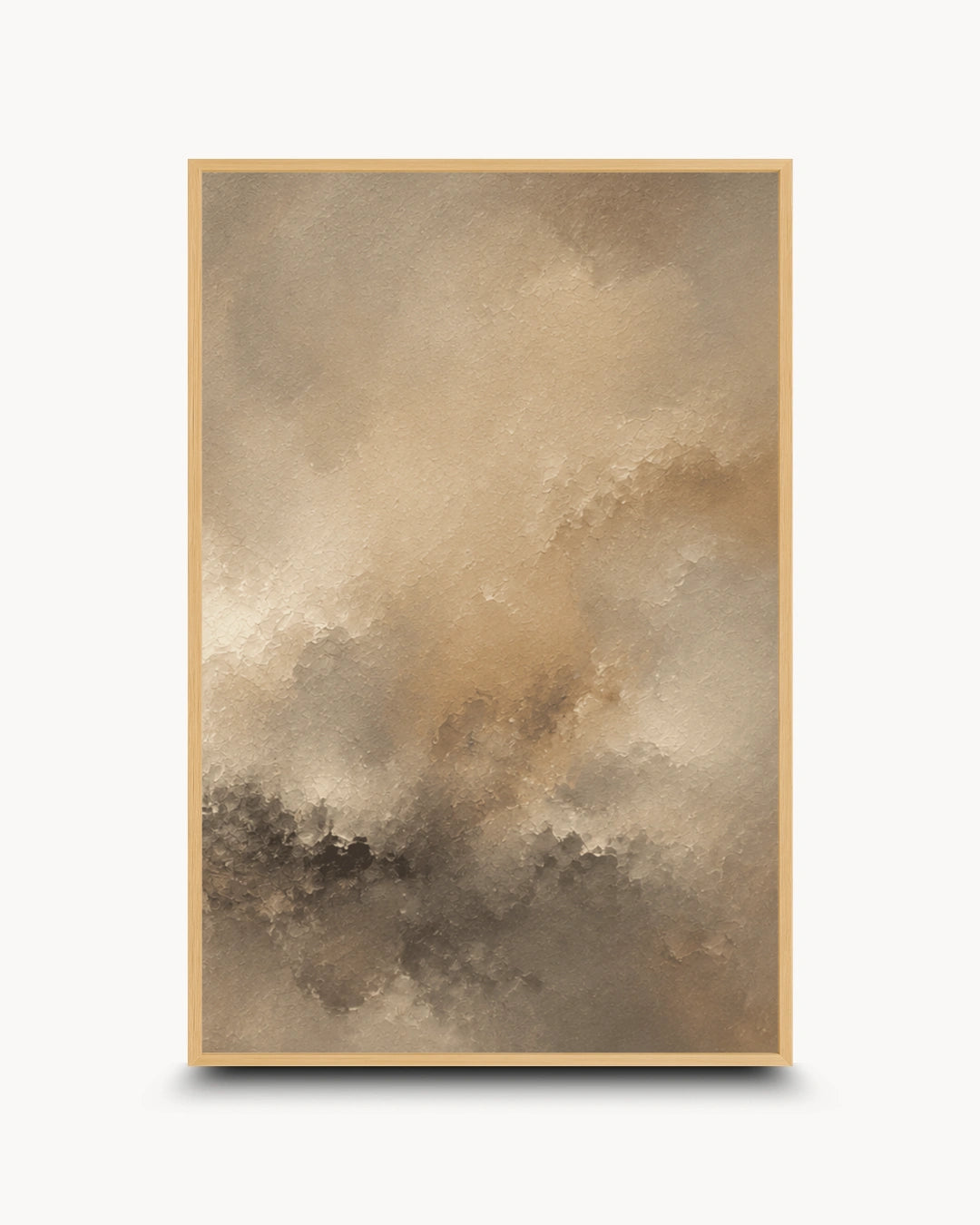 A vertical framed art print featuring an abstract watercolor design in warm beige, brown, and taupe tones, displayed against a clean white background with a subtle drop shadow.