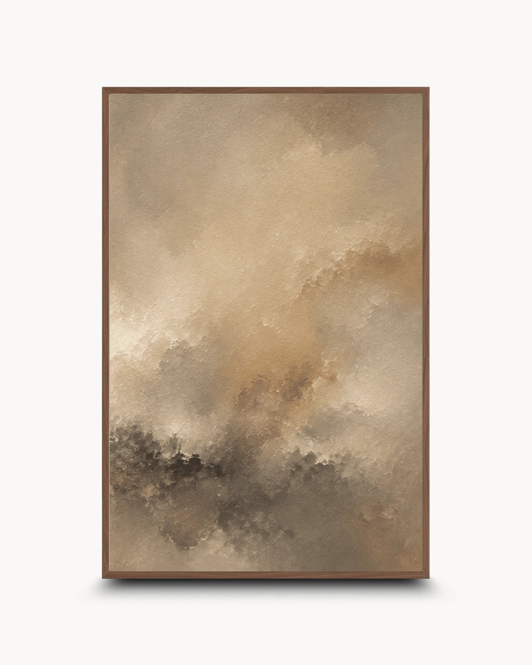 A framed abstract canvas print featuring a textured, painterly composition in warm beige, brown, and gray tones, set against a clean white background.