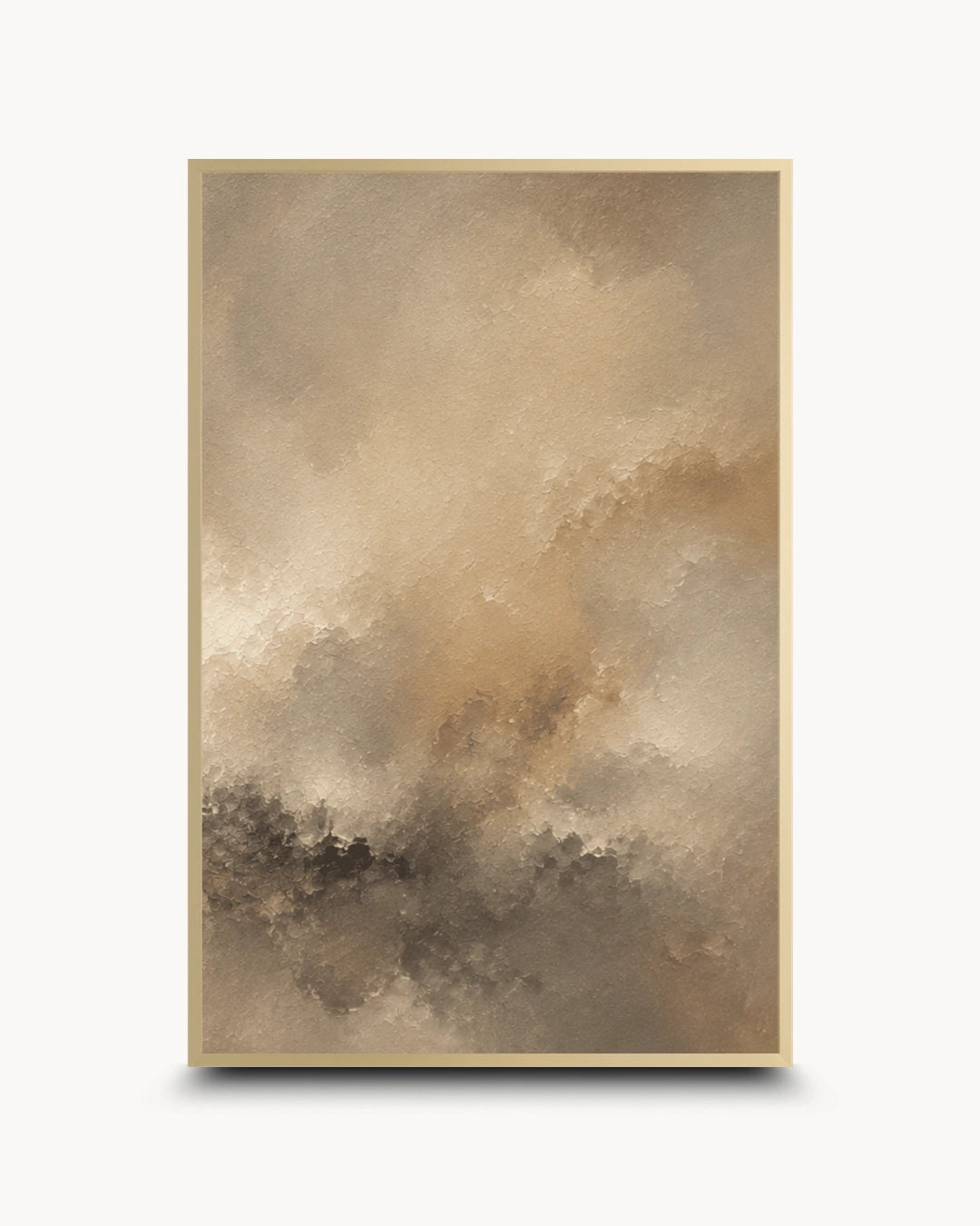 A vertical framed abstract art print featuring a textured, painterly composition in warm beige, brown, and gray tones, set against a clean white background with a subtle drop shadow.