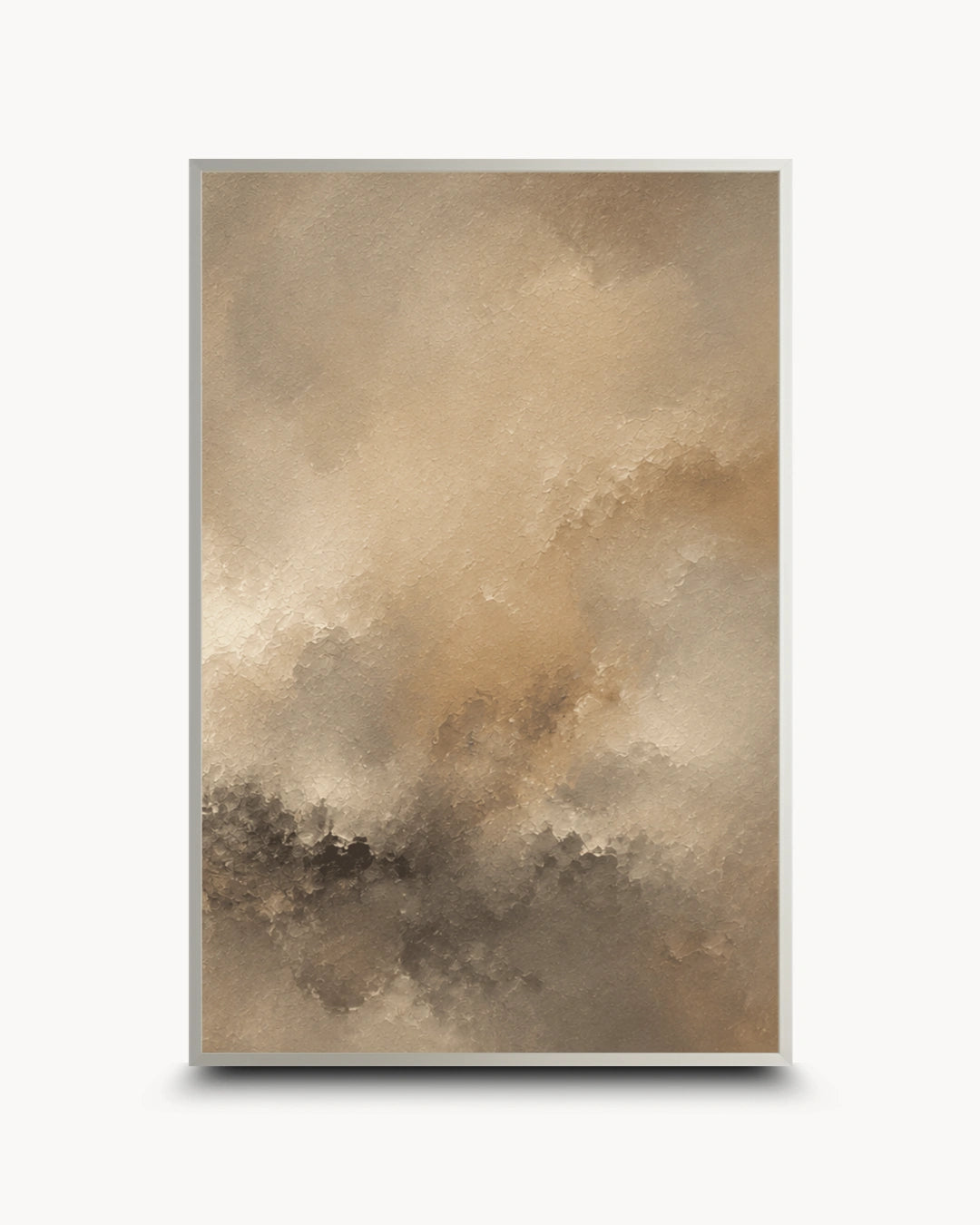 A vertical framed abstract art print featuring a textured, painterly composition in warm beige, brown, and gray tones, set against a clean white background with a subtle drop shadow.