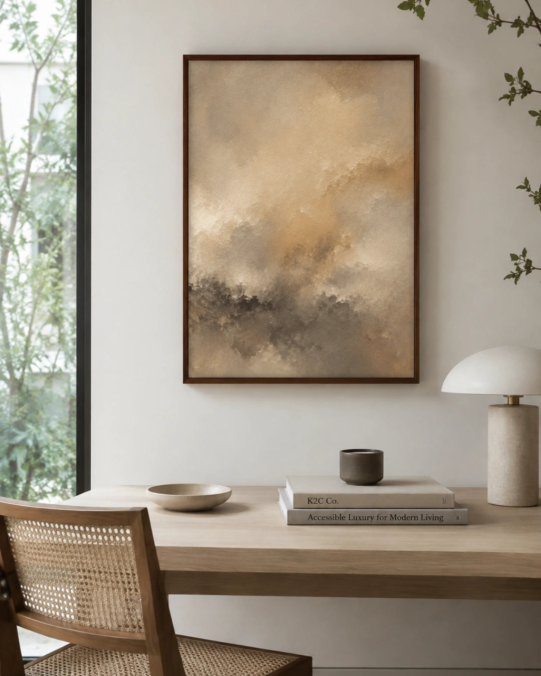 A framed abstract landscape art print with warm beige, brown, and gray tones, hanging on a light gray wall above a wooden desk with a chair, books, and a lamp.