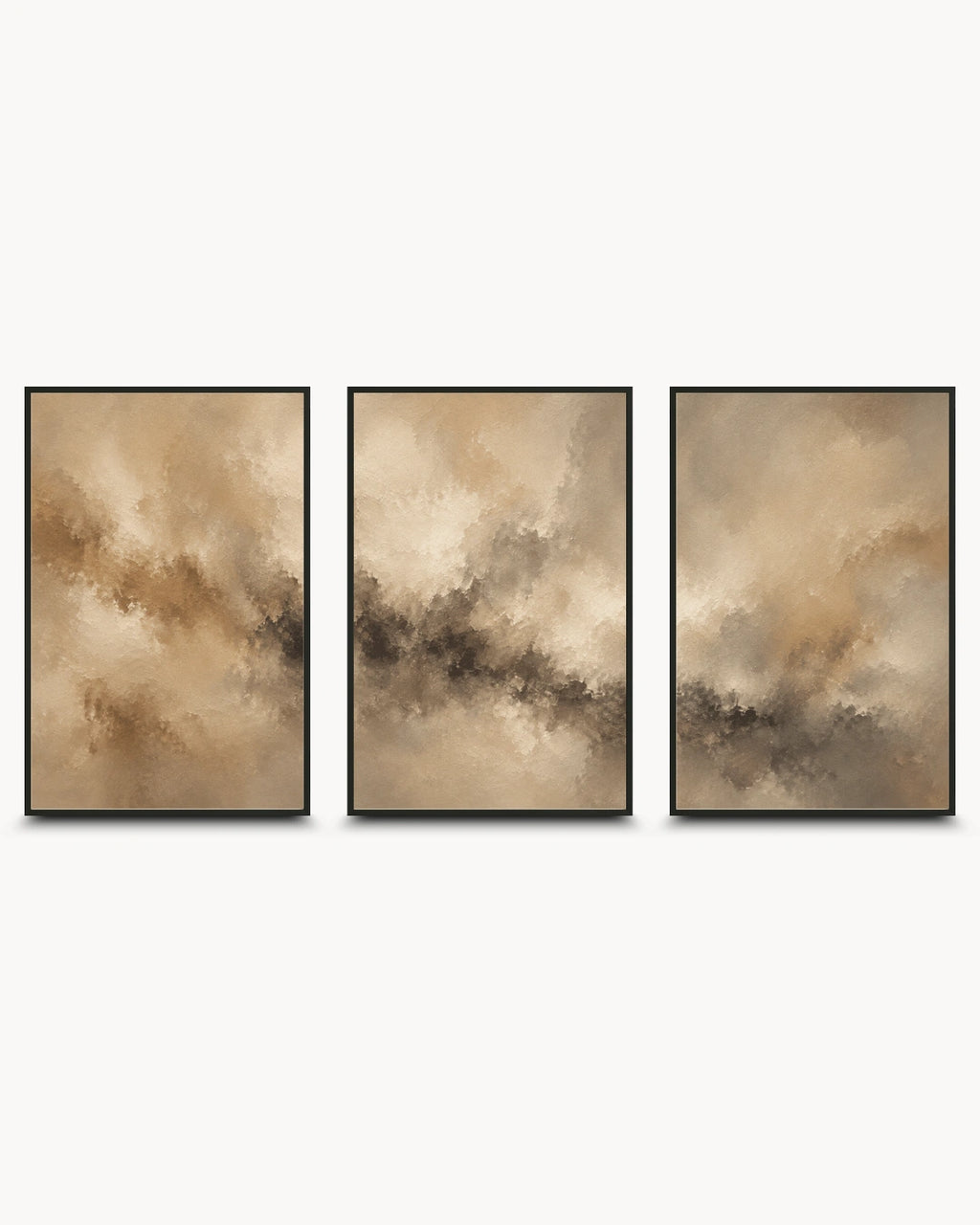Three framed abstract canvas prints in a triptych layout, featuring textured brushstrokes in beige, brown, and gray tones against a light gray background.