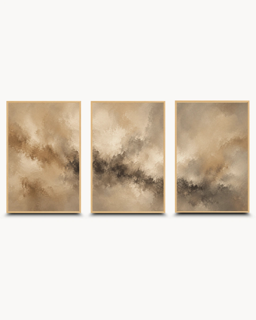 Three framed abstract canvas prints in a warm beige and brown palette, arranged side by side against a light gray background.