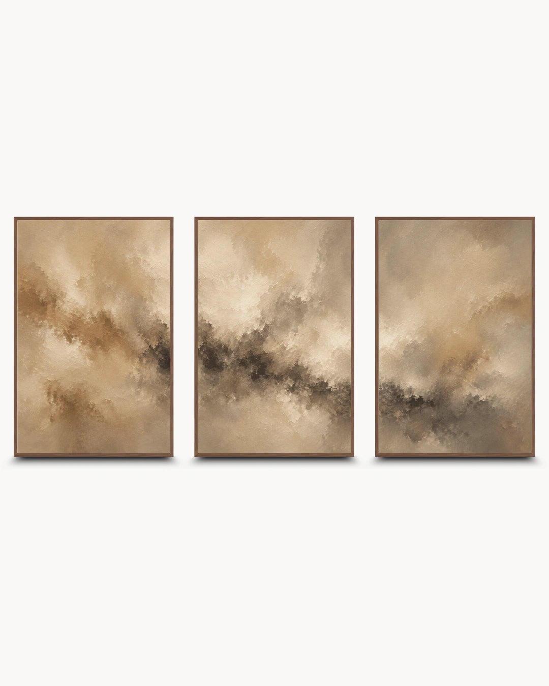 Three framed abstract canvas prints in a warm beige and brown palette, arranged side by side against a light gray background.