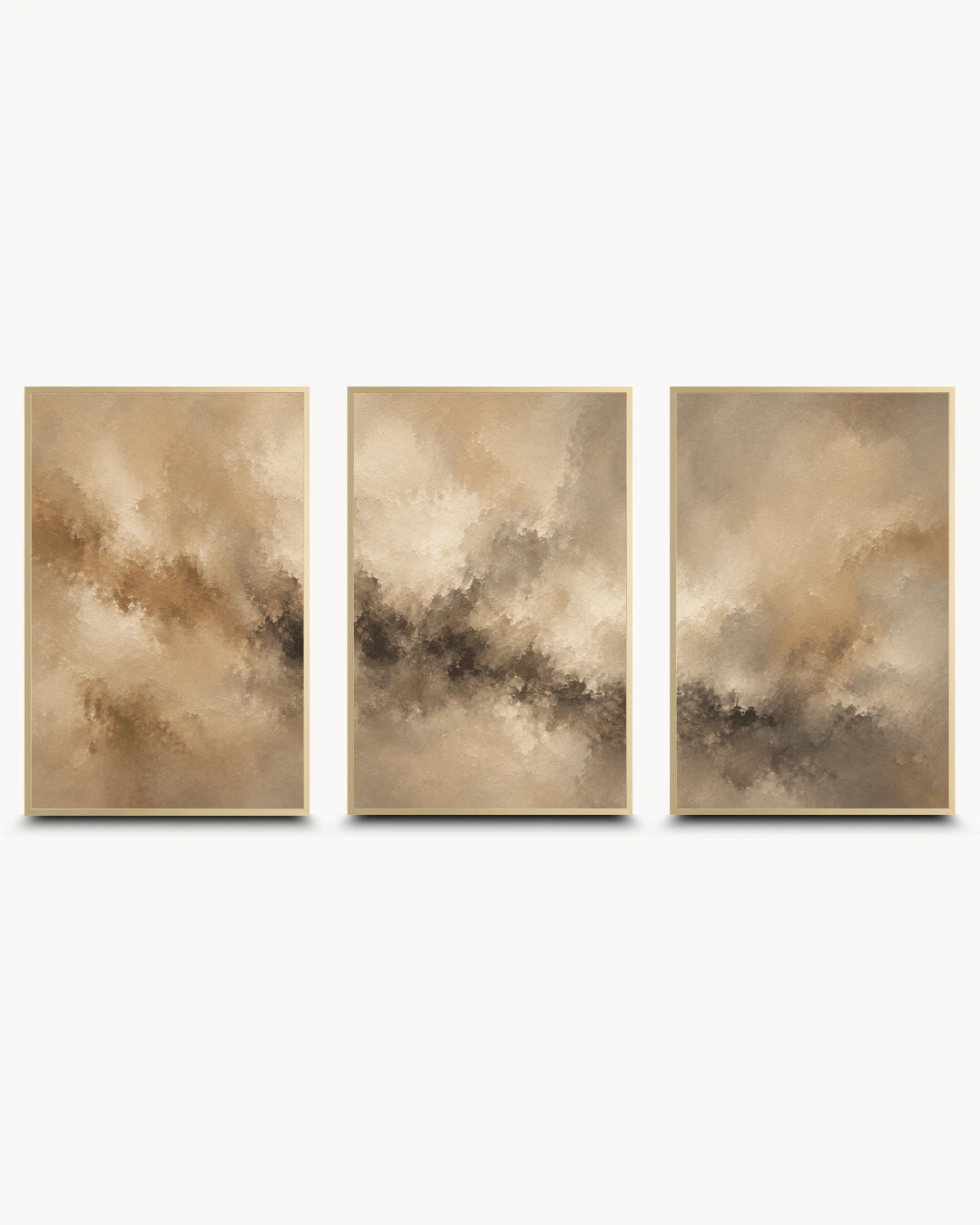 Three vertical framed abstract wall art panels in warm beige, taupe, brown, and gray tones, arranged side by side on a light gray background.