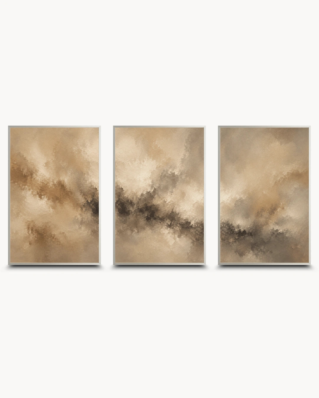 Three vertical framed abstract wall art panels in warm beige, taupe, brown, and gray tones, arranged side by side on a light gray background.