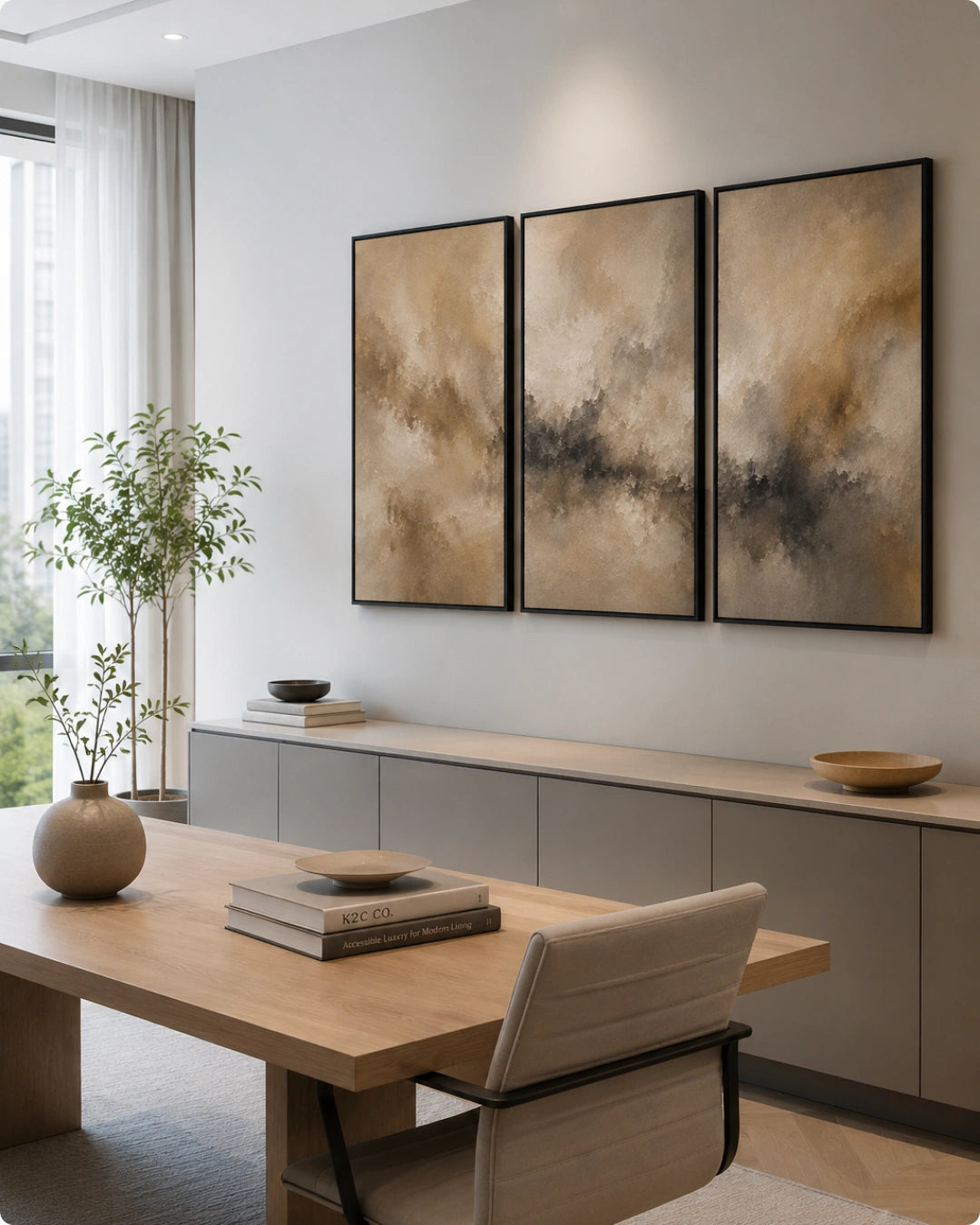 A modern interior scene showing a three-panel abstract wall art set with black frames hanging above a light wood console. The artwork has warm beige, tan, and brown tones with darker charcoal-like brushy areas.