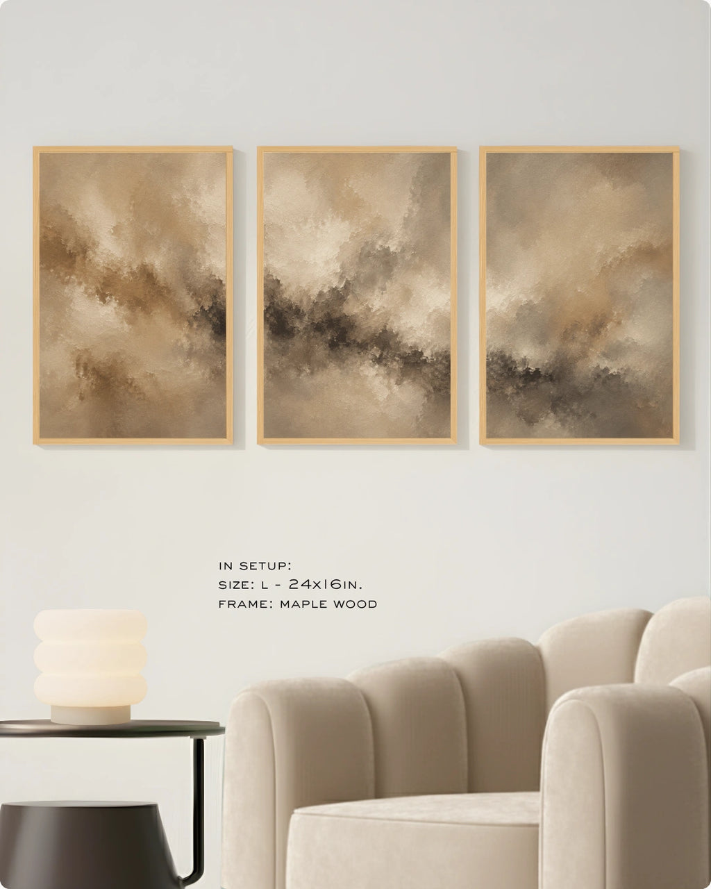 Three framed abstract wall art prints in warm beige, brown, and gray tones, displayed above a cream sofa in a styled interior setting. Small text below reads: 'IN SETUP: SIZE: L-24x16in.