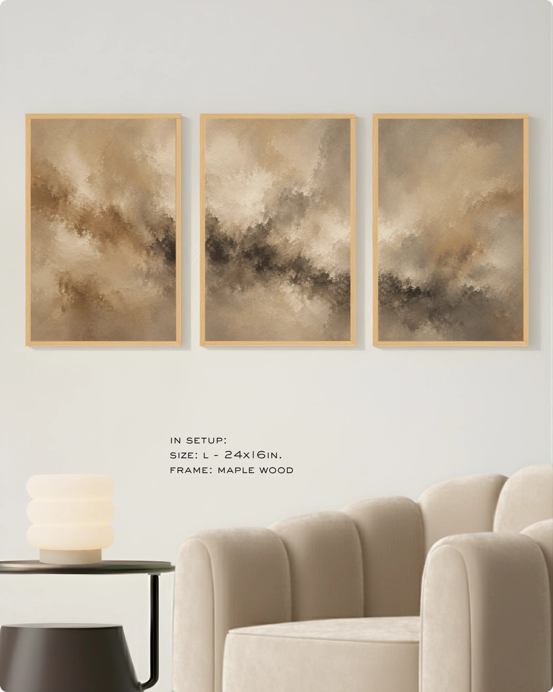 Three framed abstract wall art prints in warm beige, brown, and gray tones, displayed above a cream sofa in a styled interior setting. Small text below reads: 'IN SETUP: SIZE: L-24x16in.