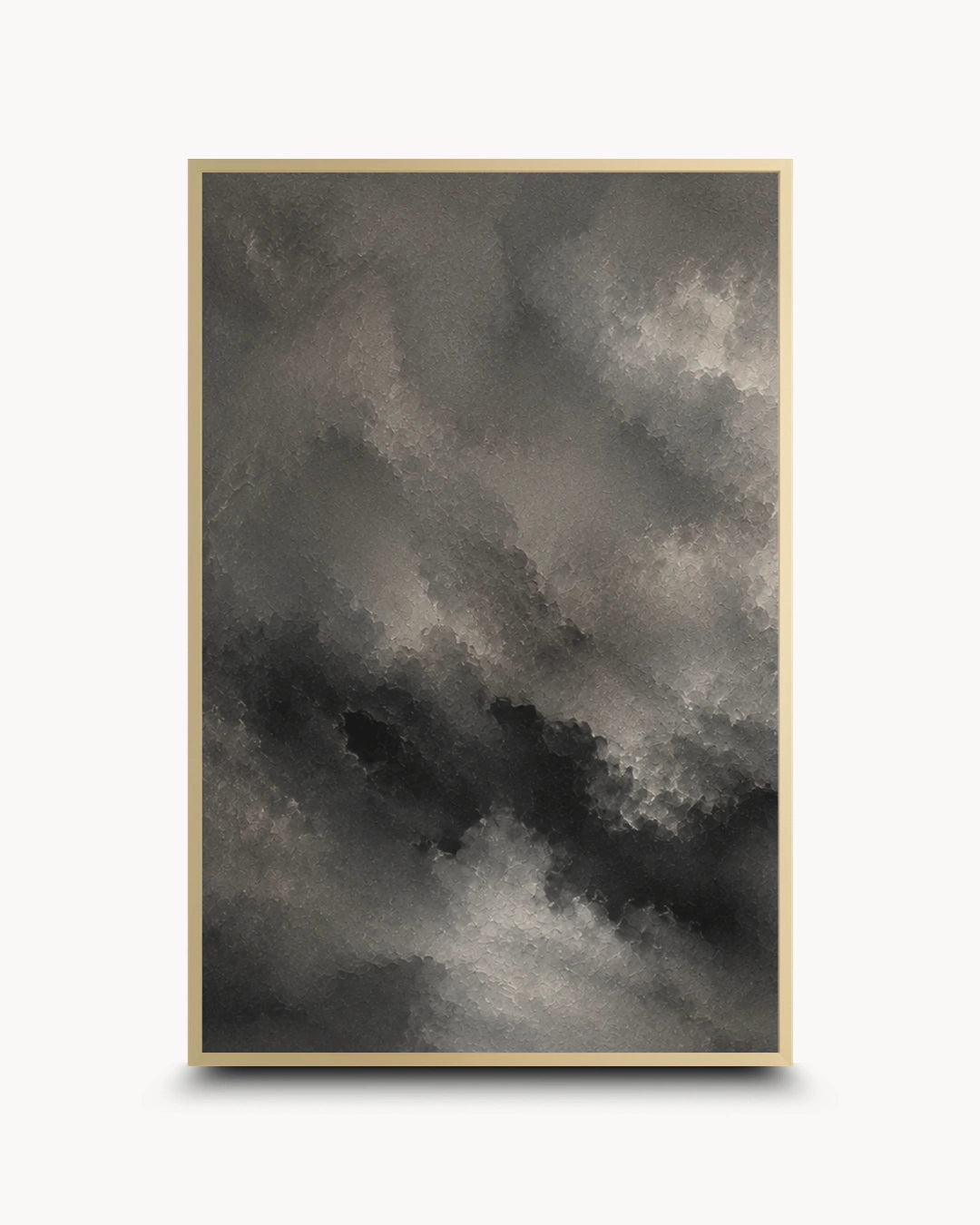 A framed abstract art print featuring a dramatic, textured cloud-like composition in shades of charcoal gray, black, and off-white, set against a clean white background.