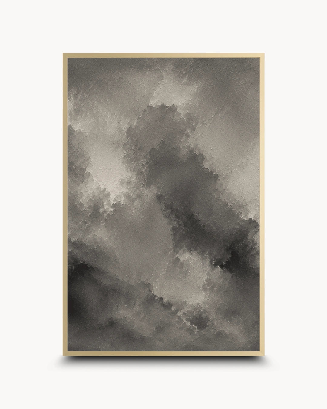 A framed abstract art print featuring a textured, painterly cloud-like composition in shades of gray, black, and white, displayed against a clean white background.