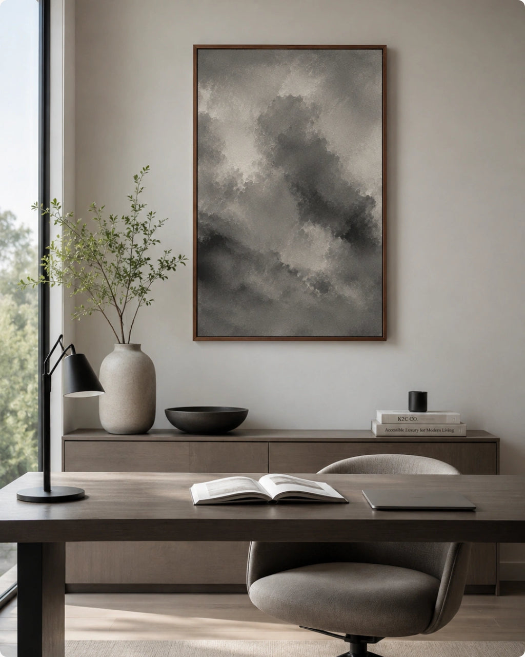 A framed black and white abstract cloud print hangs on a light beige wall in a modern office setting with a desk, chair, and potted plant.
