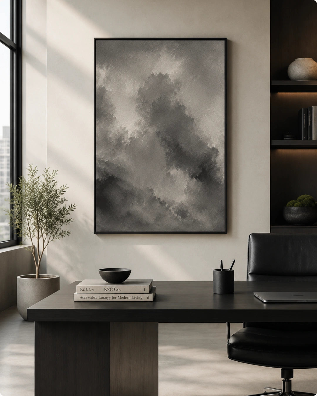 A framed black and white abstract cloud print hangs on a light beige wall in a modern office setting with a desk, chair, and potted plant.
