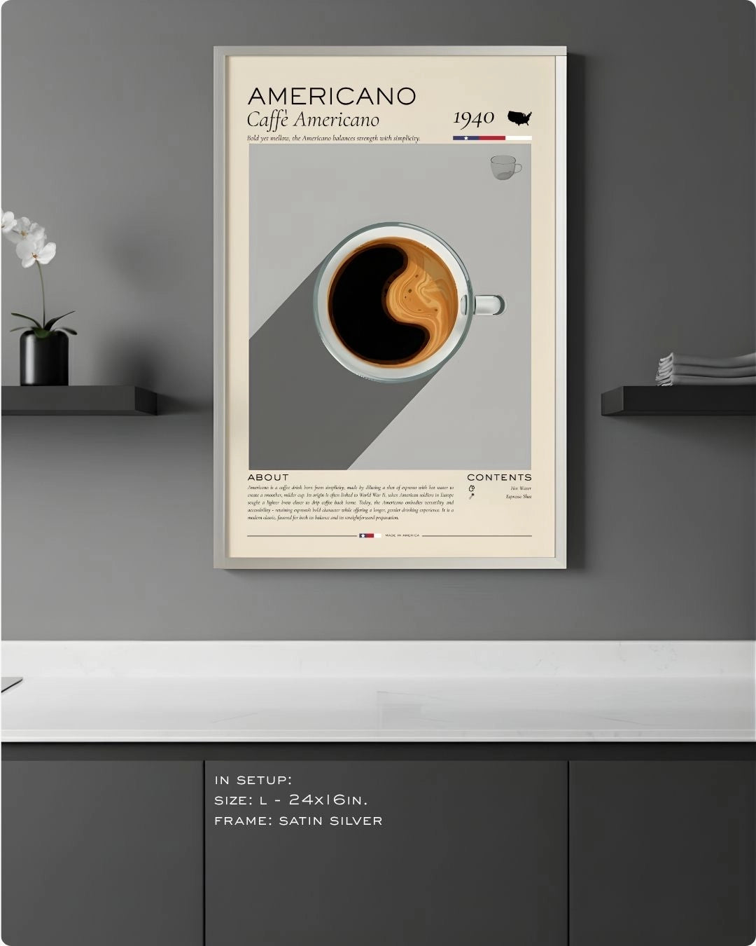 Large (Size L - 24x16in) Americano coffee ritual infographic in a Satin Silver frame by K2C Co., styled against a dark grey kitchen wall above a clean white countertop.